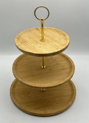 Bamboo cake stand 3 tier, metal pole